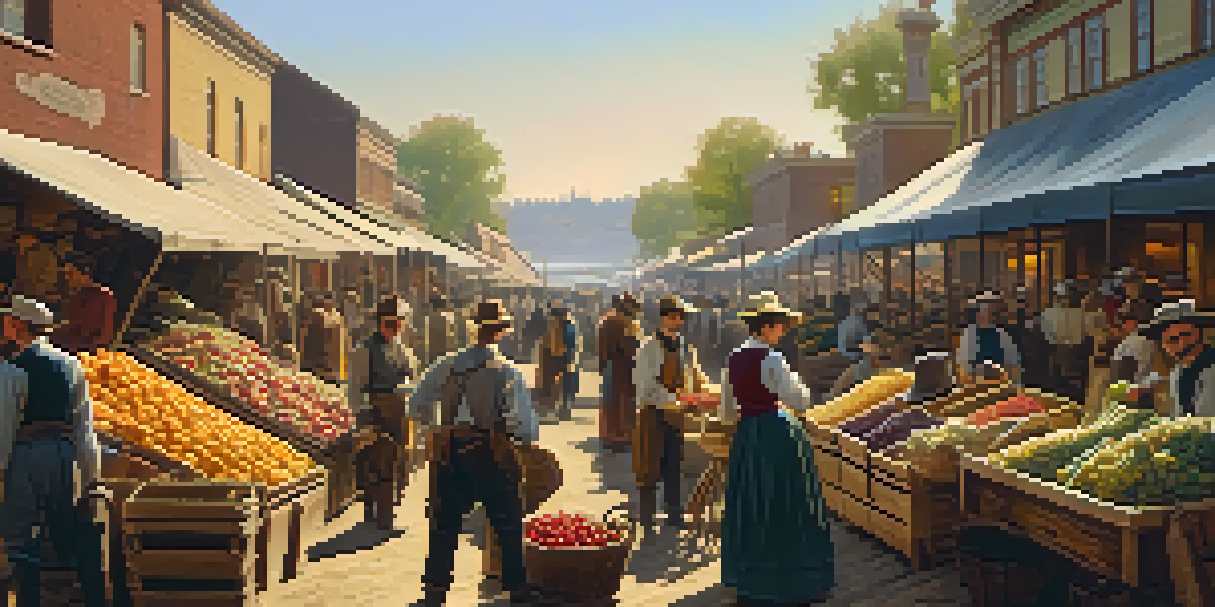 A lively market in 19th-century Sacramento during the Gold Rush, with miners shopping and colorful stalls of goods under warm sunlight.