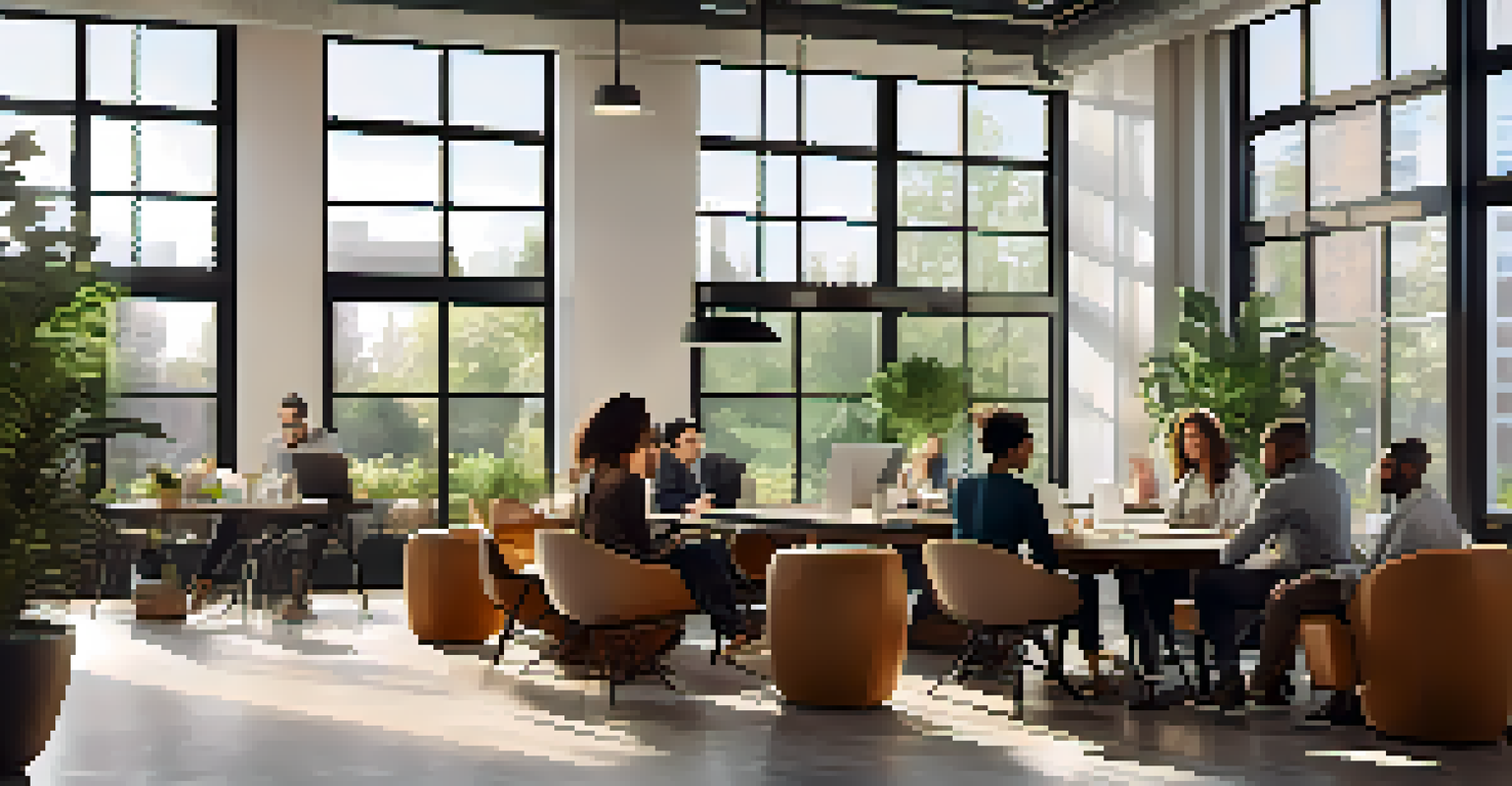 A diverse group of professionals working together in a modern co-working space filled with natural light.