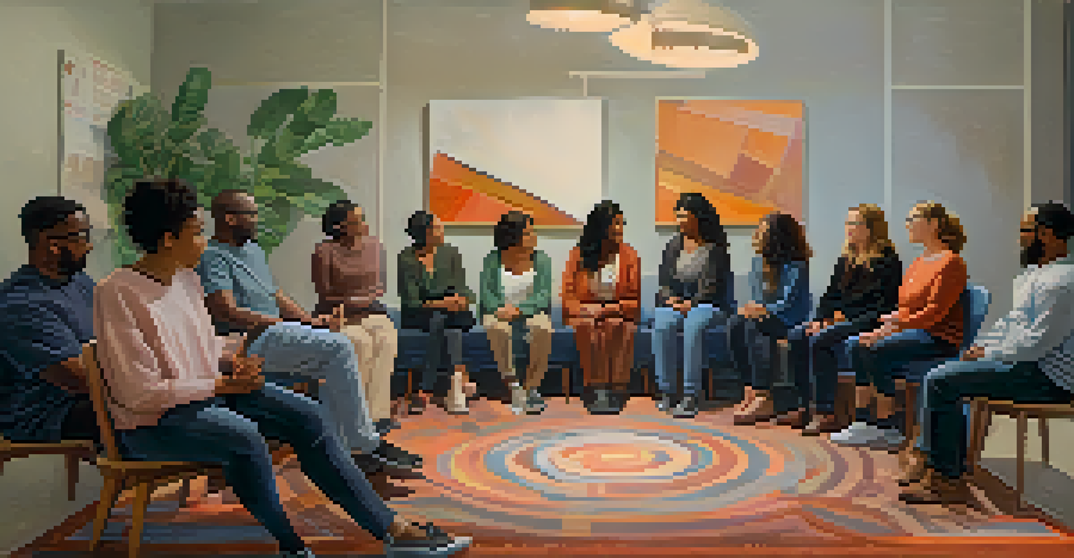A mental health support group in a warm, inviting room, with diverse individuals seated in a circle, engaged in discussion.
