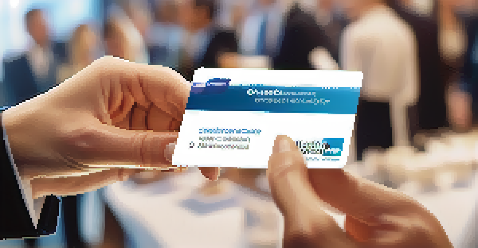 A close-up of hands exchanging business cards at a networking event, showcasing the textured designs and logos against a blurred conference backdrop.