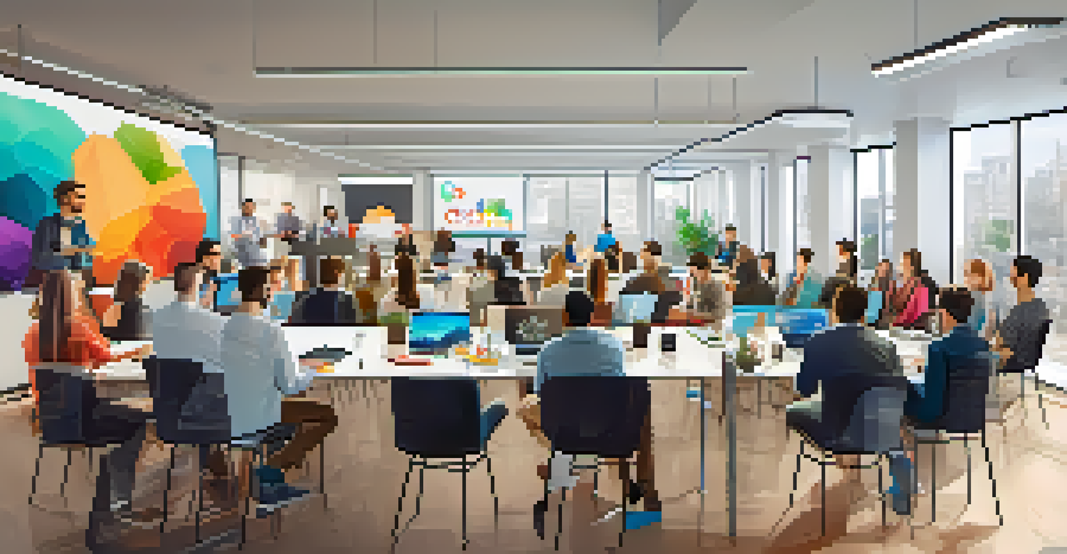 A digital marketing workshop with participants listening to a speaker, surrounded by colorful graphics and bright office lighting.