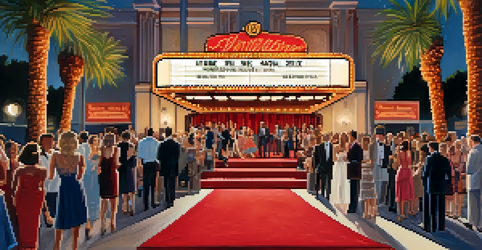 A red carpet at a film festival in Sacramento with attendees in elegant attire and a vintage theater in the background.