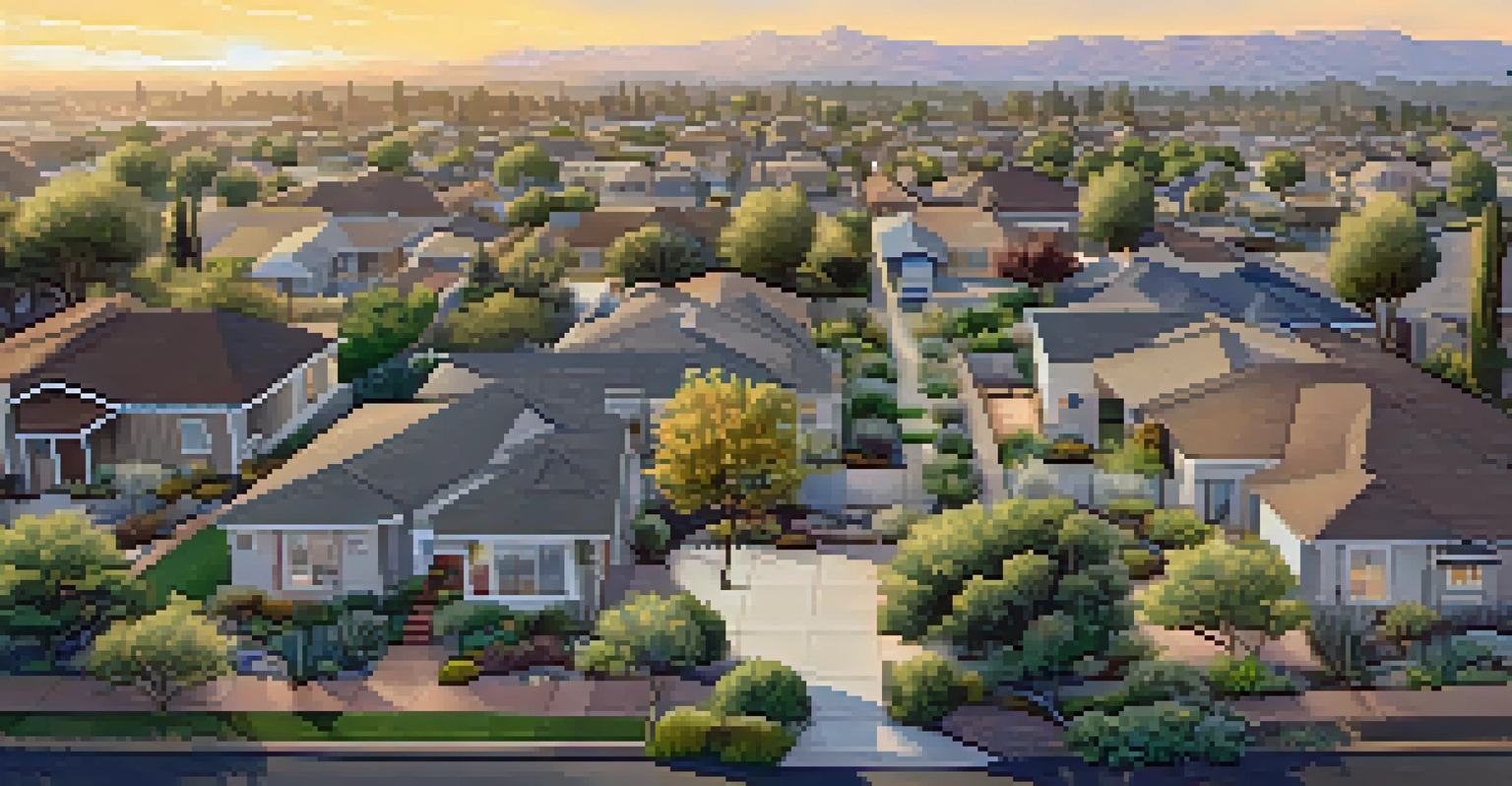 An aerial image of a neighborhood with sustainable landscaping, showcasing native plants and homes under a warm sunset.