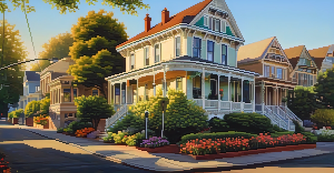 A historic district in Sacramento with Victorian homes illuminated by sunset light, featuring a cobblestone street and blooming flowers.