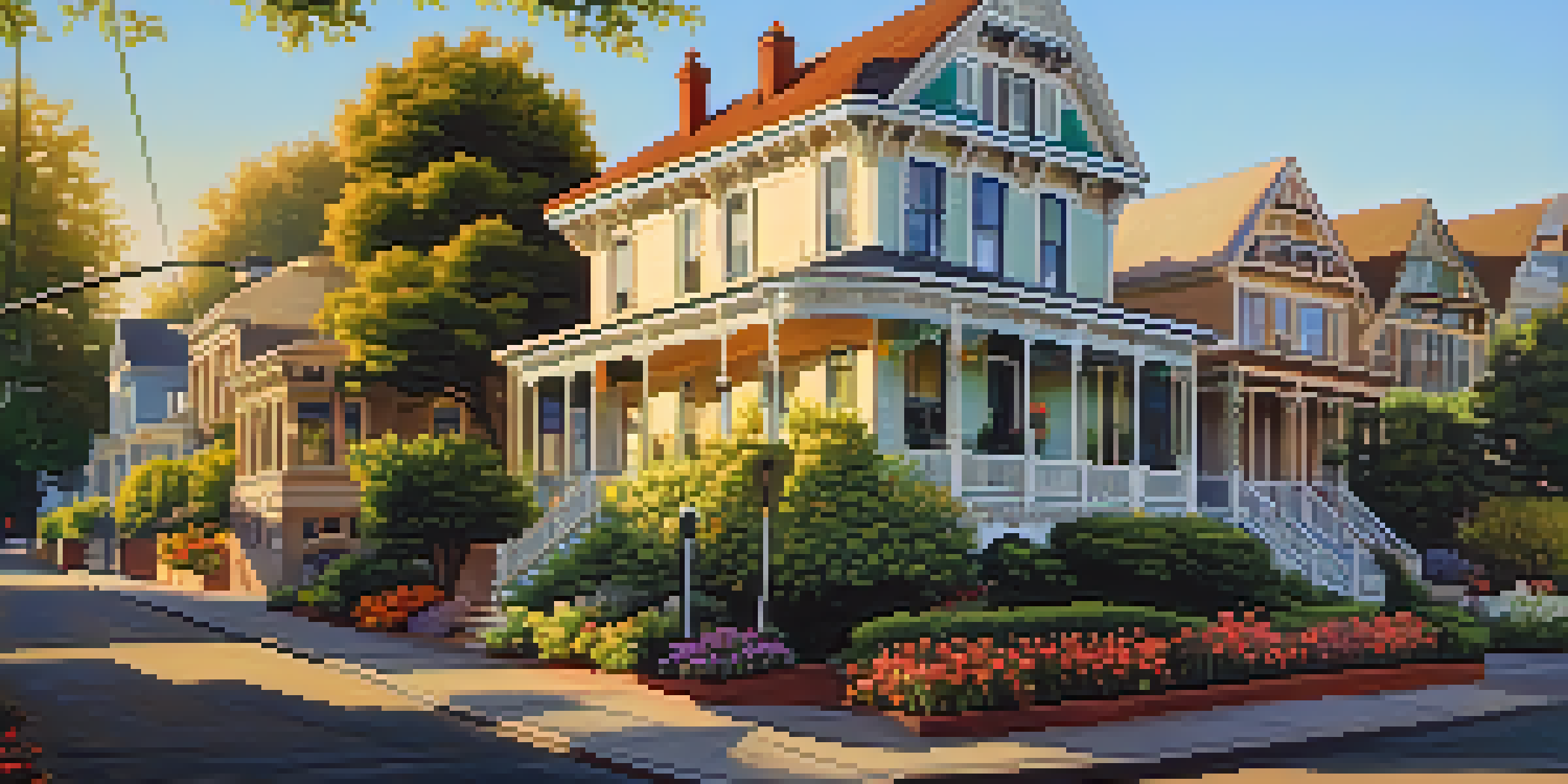 A historic district in Sacramento with Victorian homes illuminated by sunset light, featuring a cobblestone street and blooming flowers.