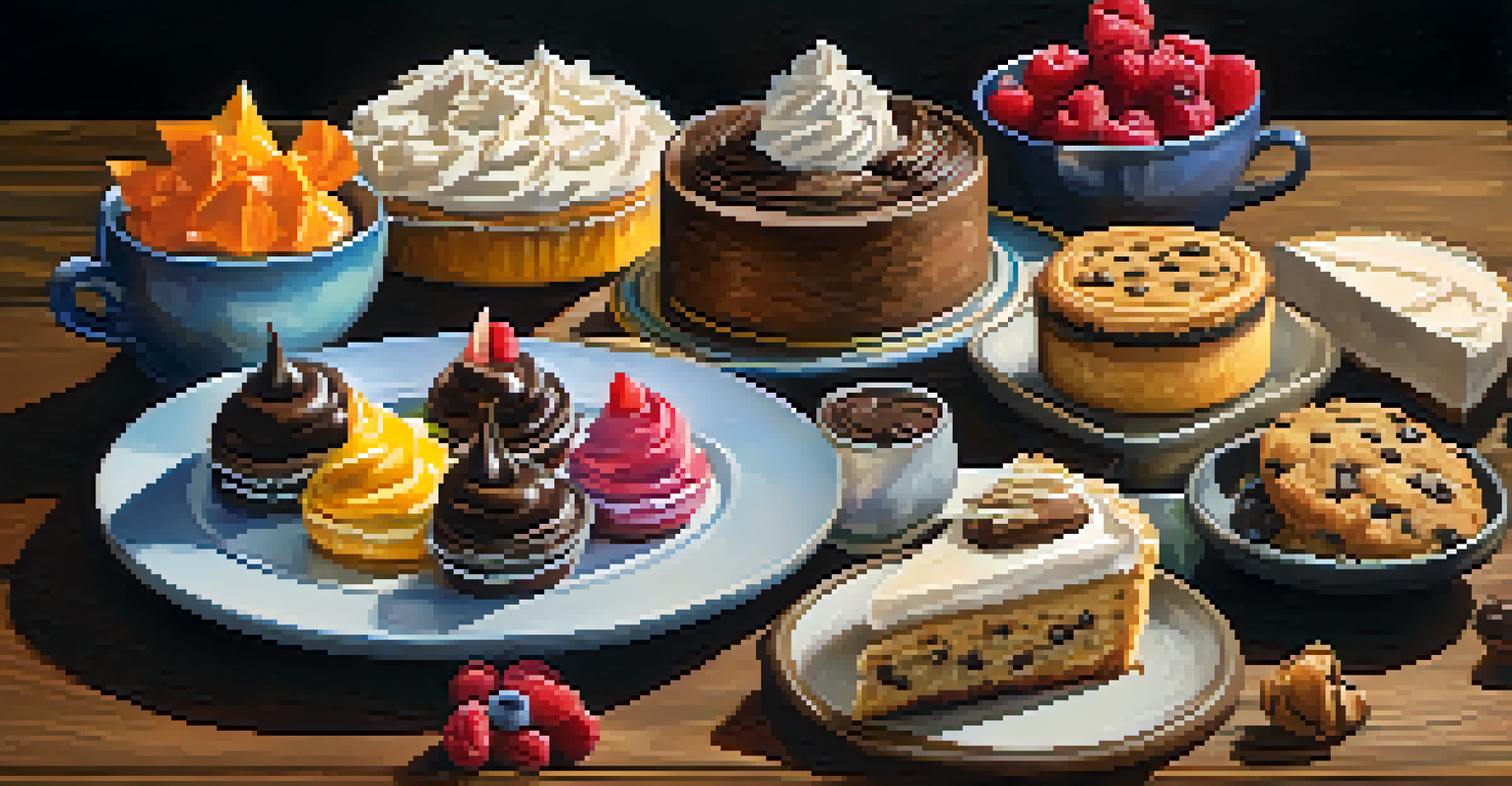 A display of various vegan desserts including chocolate chip cookies and coconut cream pie on a rustic wooden table.