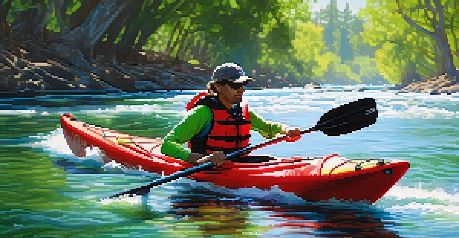 A kayaker paddling on the Sacramento River surrounded by lush greenery and sunlight.