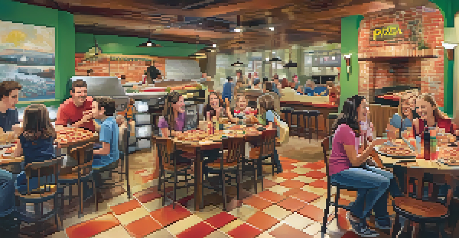 Families enjoying pizza at a lively pizzeria with children watching pizza being made.
