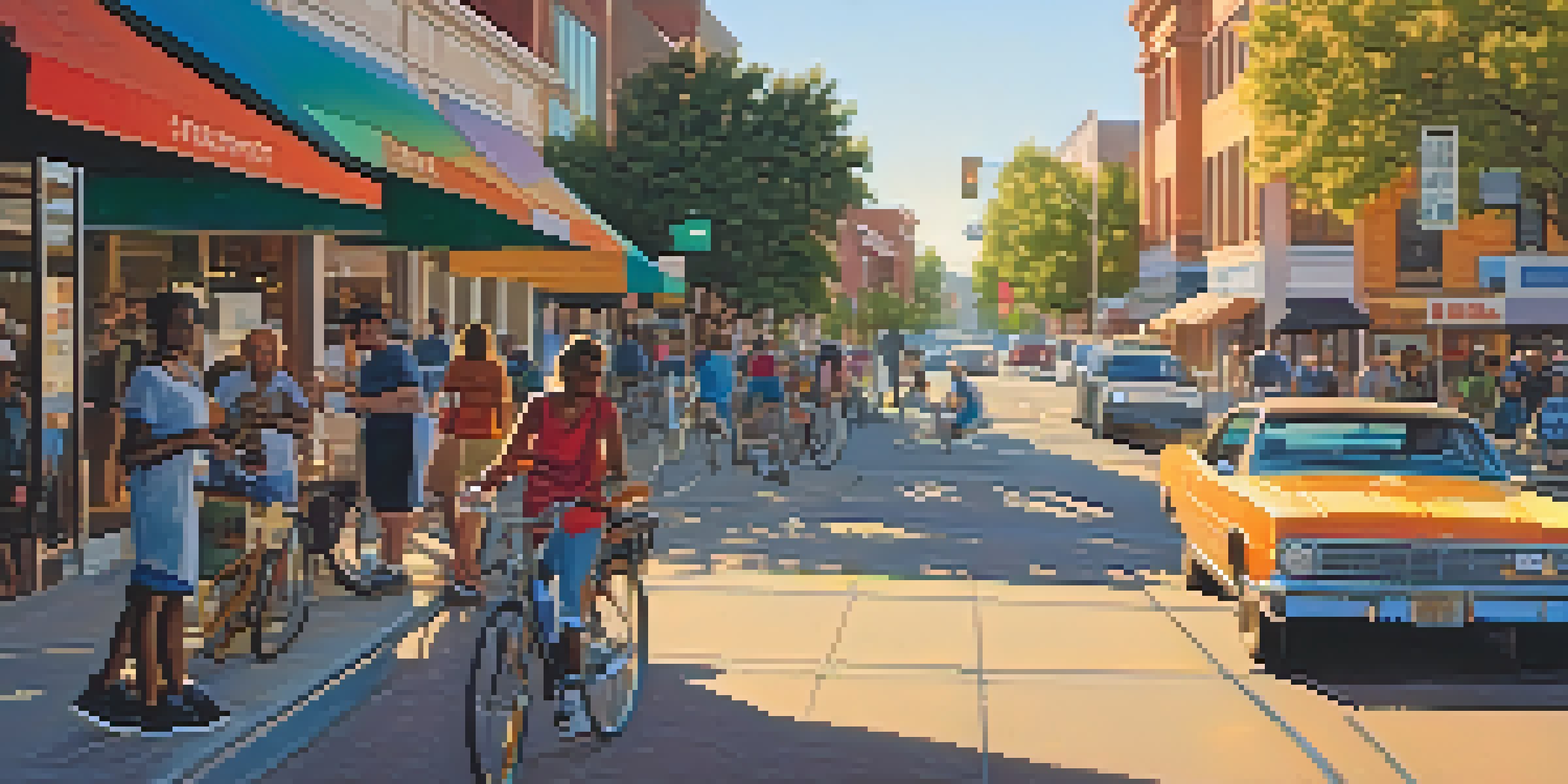 A lively street scene in Sacramento featuring people biking, waiting for buses, and walking, with colorful shops and a sunset backdrop.