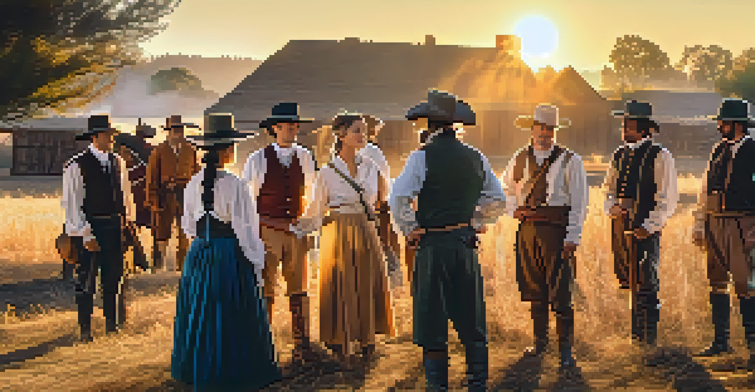 Actors in 19th-century attire reenacting farming activities at Sutter's Fort.