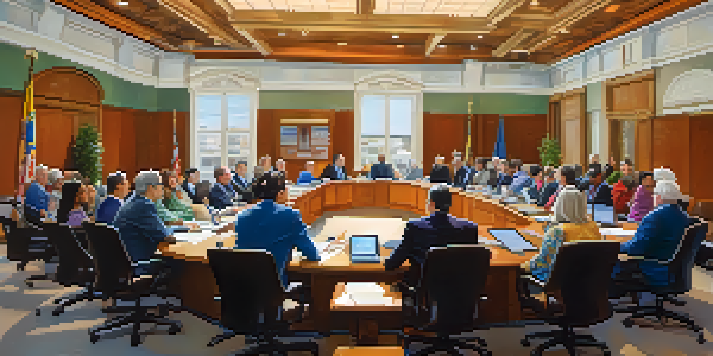 A lively city council meeting with diverse members discussing around a large table, filled with natural light and local artwork.