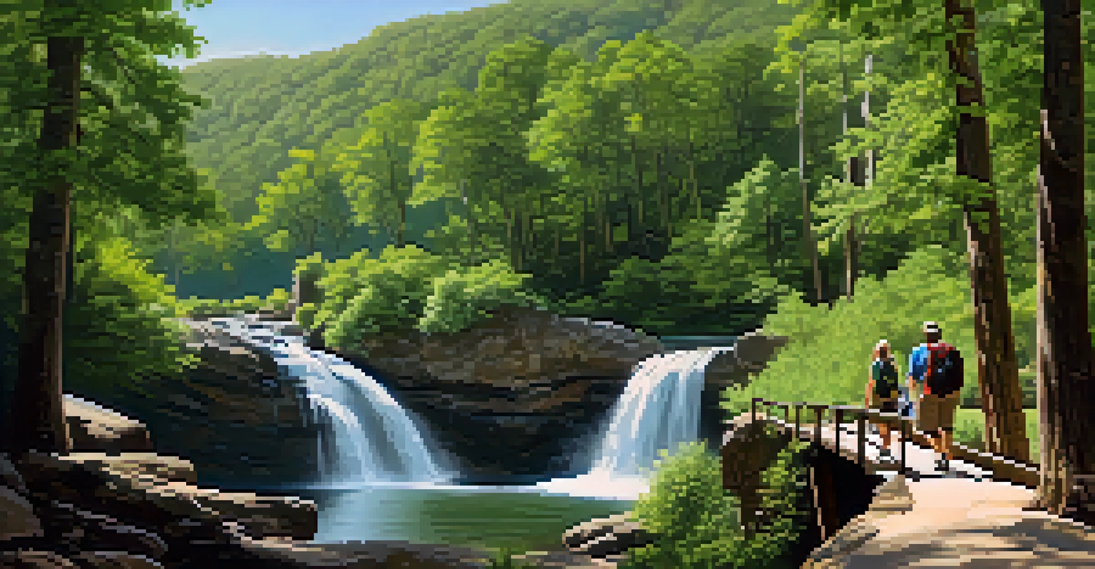 A scenic view of Hidden Falls Regional Park with a waterfall, hikers on the trail, and lush greenery.