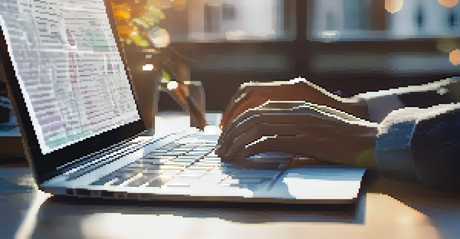 Close-up of hands typing on a laptop surrounded by notes and a coffee cup with a bright window in the background.