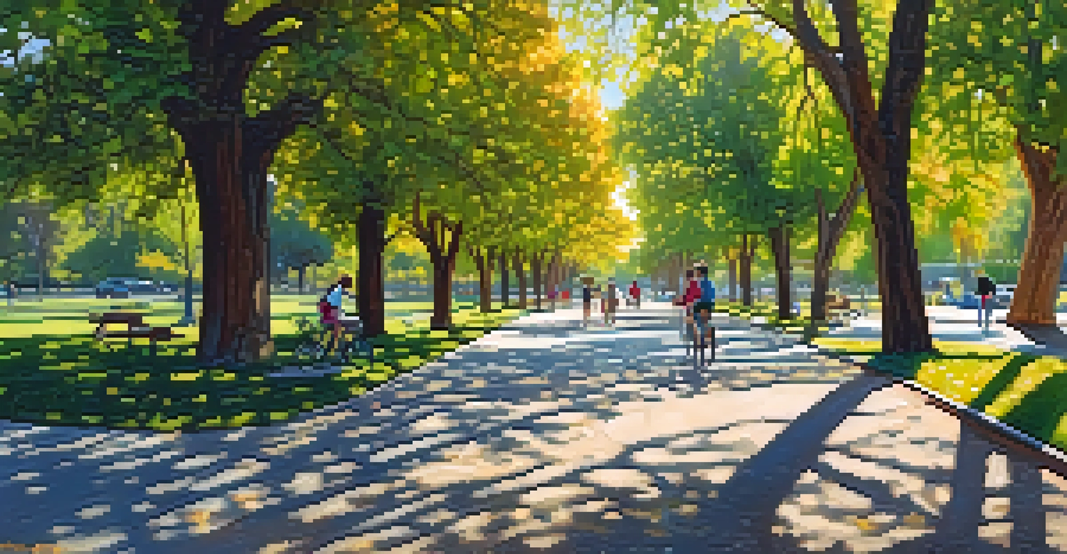 A peaceful park in Sacramento with families walking and cycling on tree-lined paths.