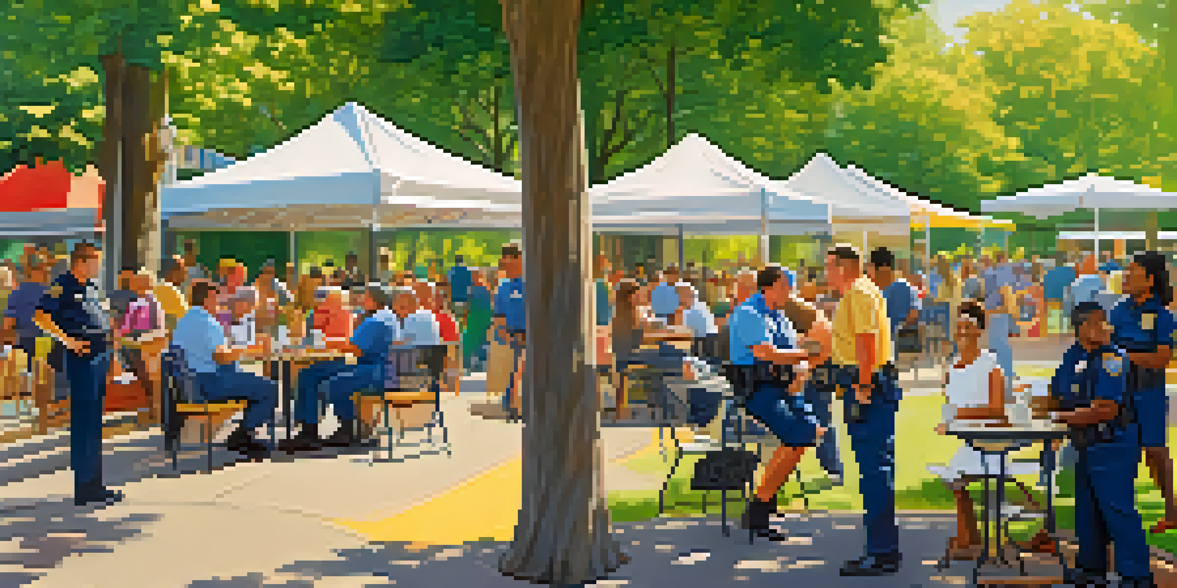 A community event with residents and police officers talking and enjoying coffee in a sunny park, surrounded by trees and colorful banners.