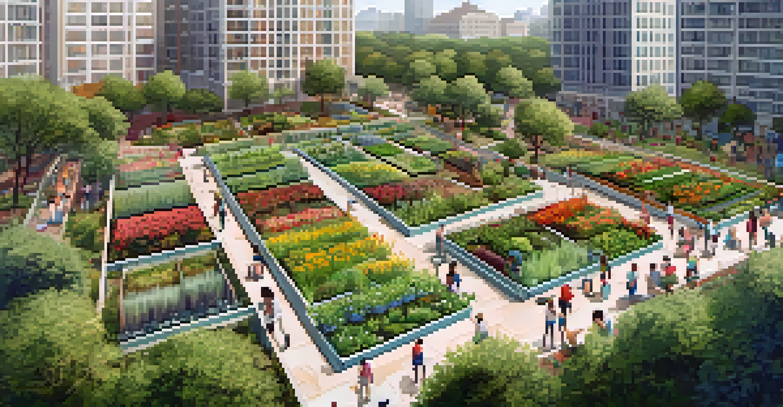 An aerial view of a vibrant community garden with people participating in a gardening workshop amid urban buildings in the background.