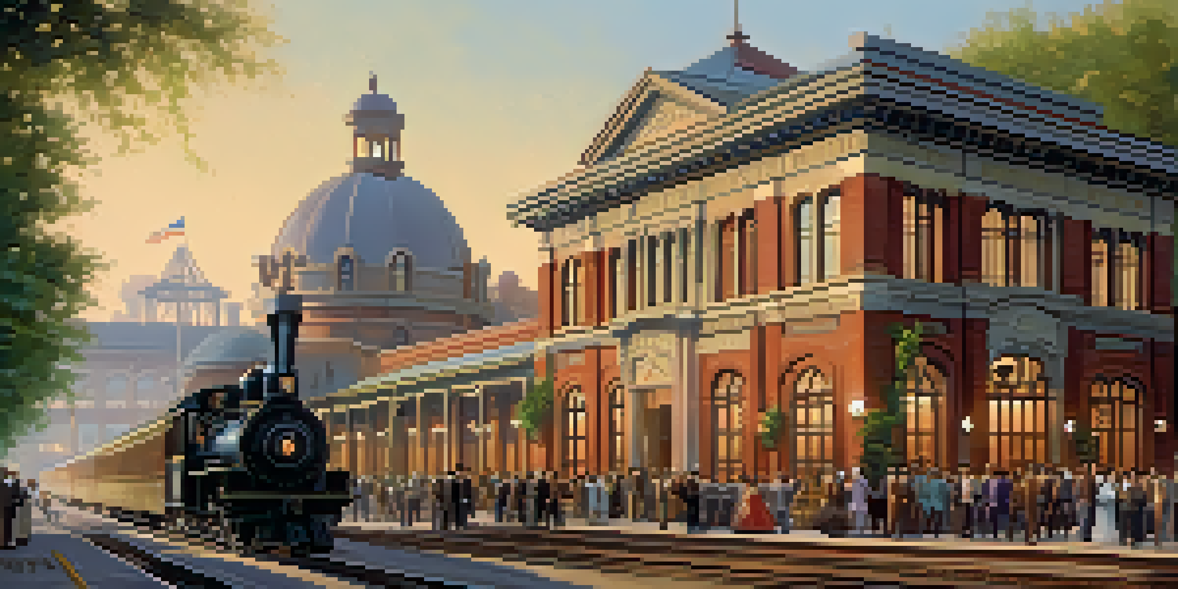 An illustration of the historic Sacramento Depot with passengers waiting for a steam train, surrounded by horse-drawn carriages and greenery.