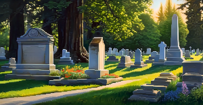 A historic cemetery in Sacramento at sunset, with sunlight casting shadows on gravestones and surrounded by greenery and wildflowers.