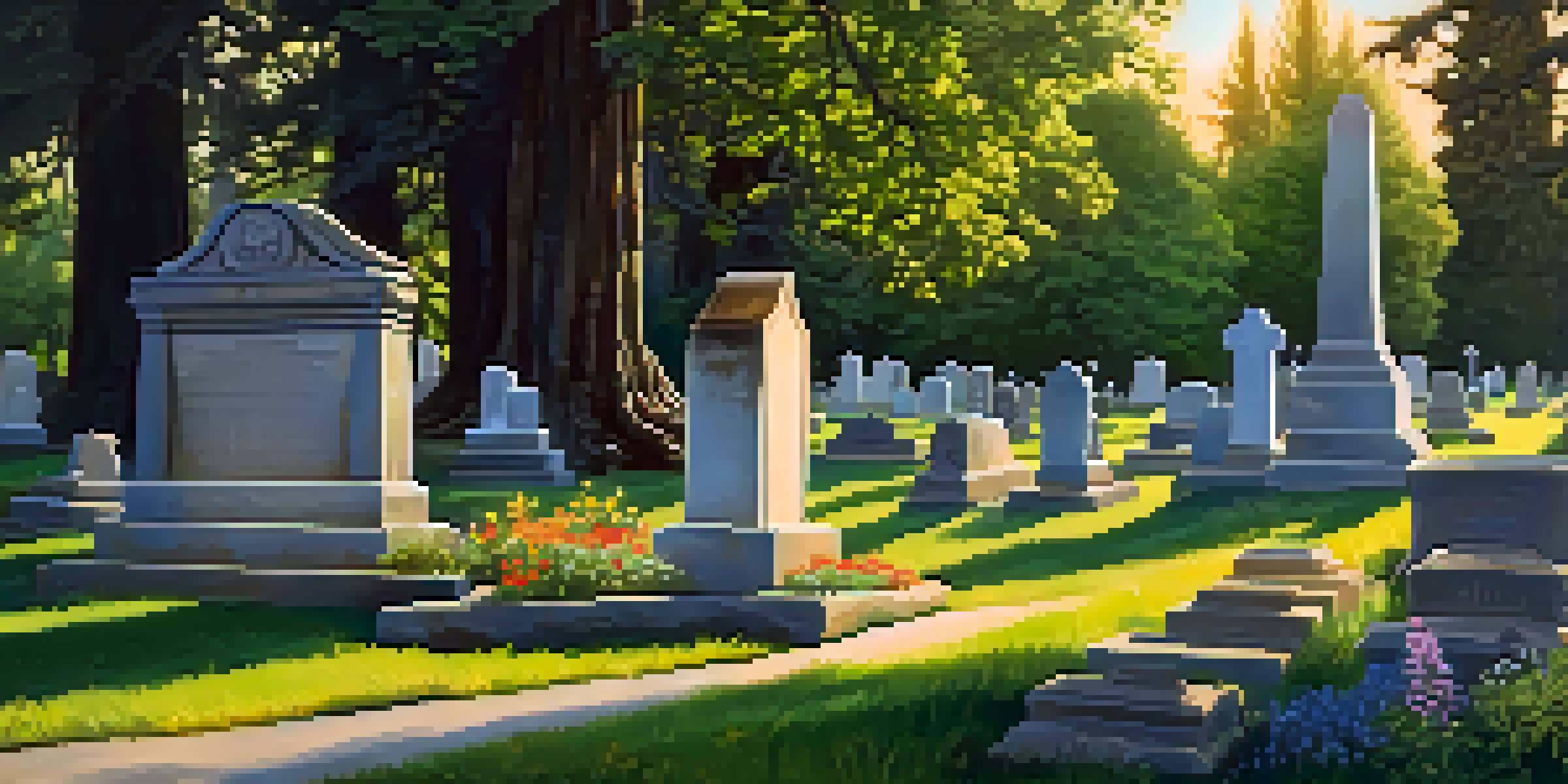 A historic cemetery in Sacramento at sunset, with sunlight casting shadows on gravestones and surrounded by greenery and wildflowers.