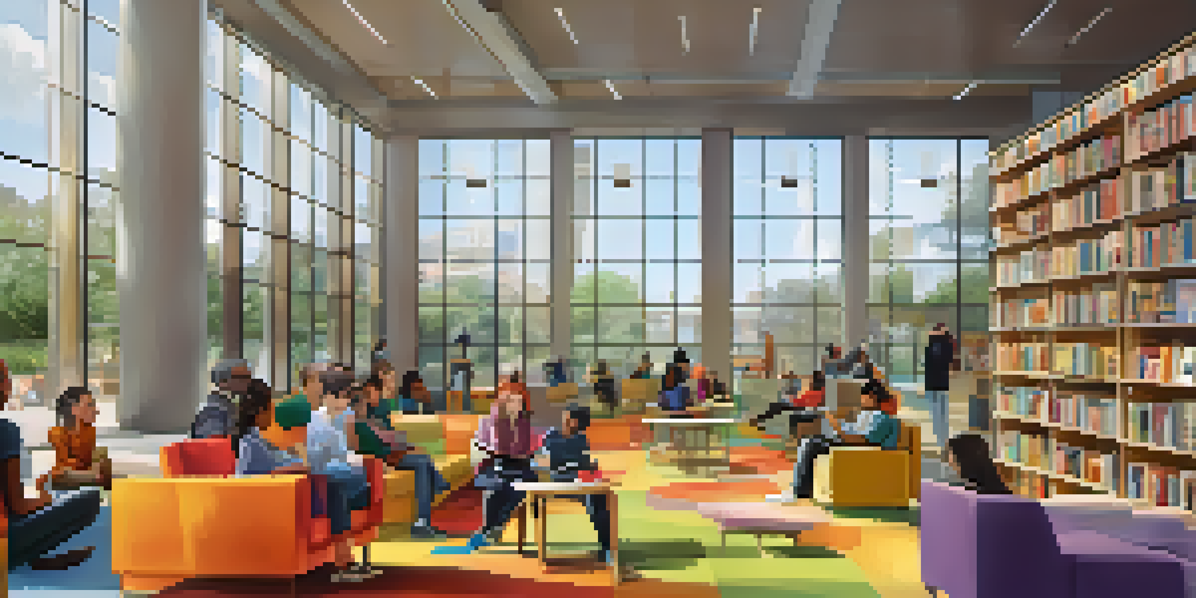 A lively library interior with people of different backgrounds reading, working on laptops, and participating in workshops, surrounded by bookshelves and bright windows.
