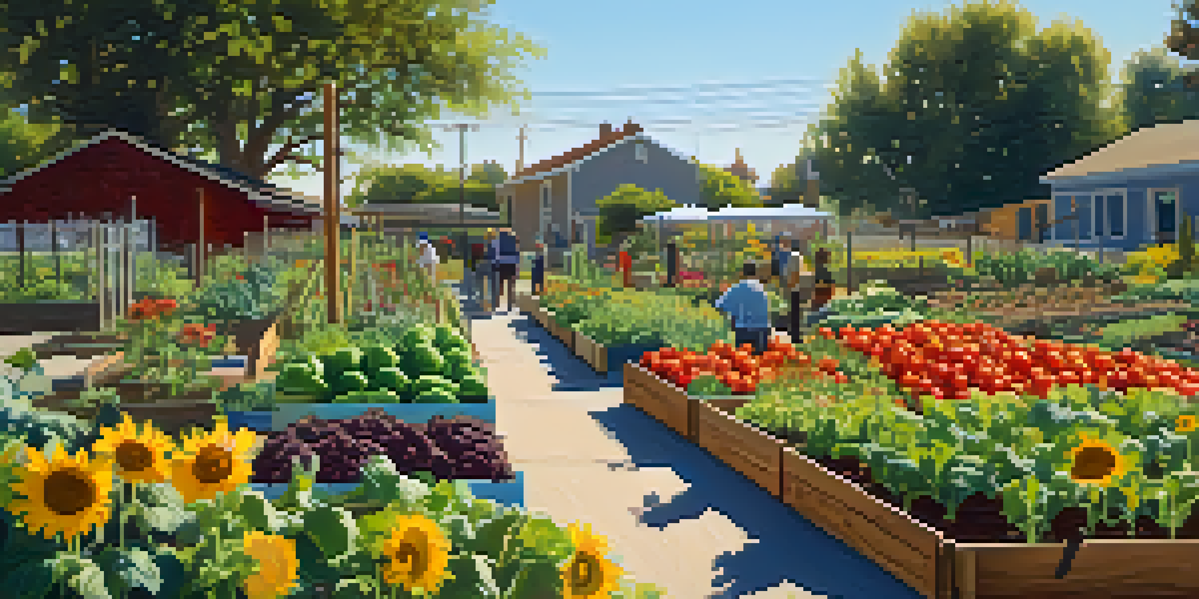 A lively community garden filled with residents of different backgrounds gardening among colorful vegetables and flowers, with sunlight filtering through the leaves.