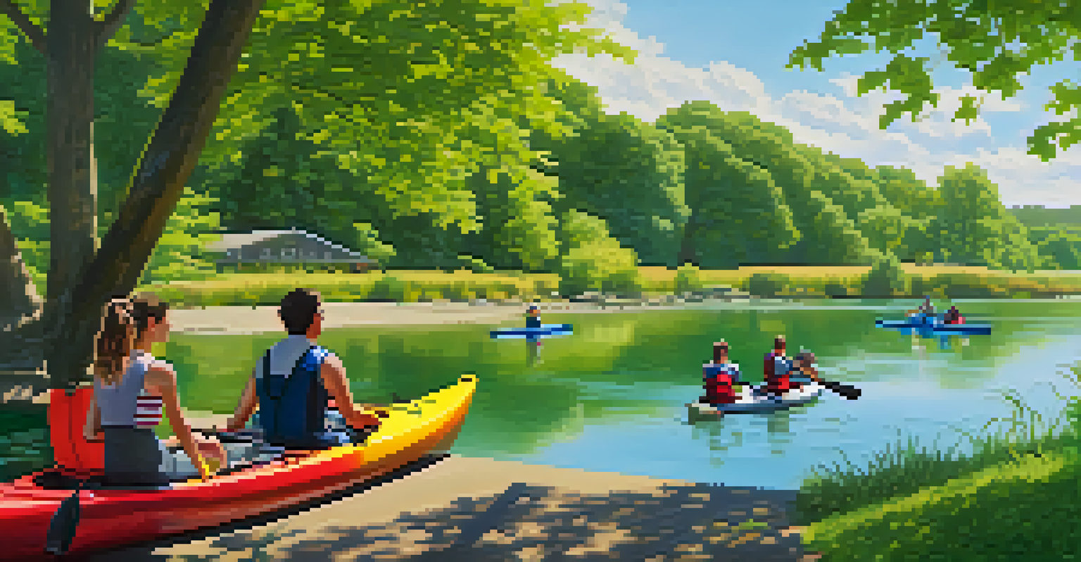 Friends kayaking at Discovery Park with a picnic setup in the foreground and people biking in the background.