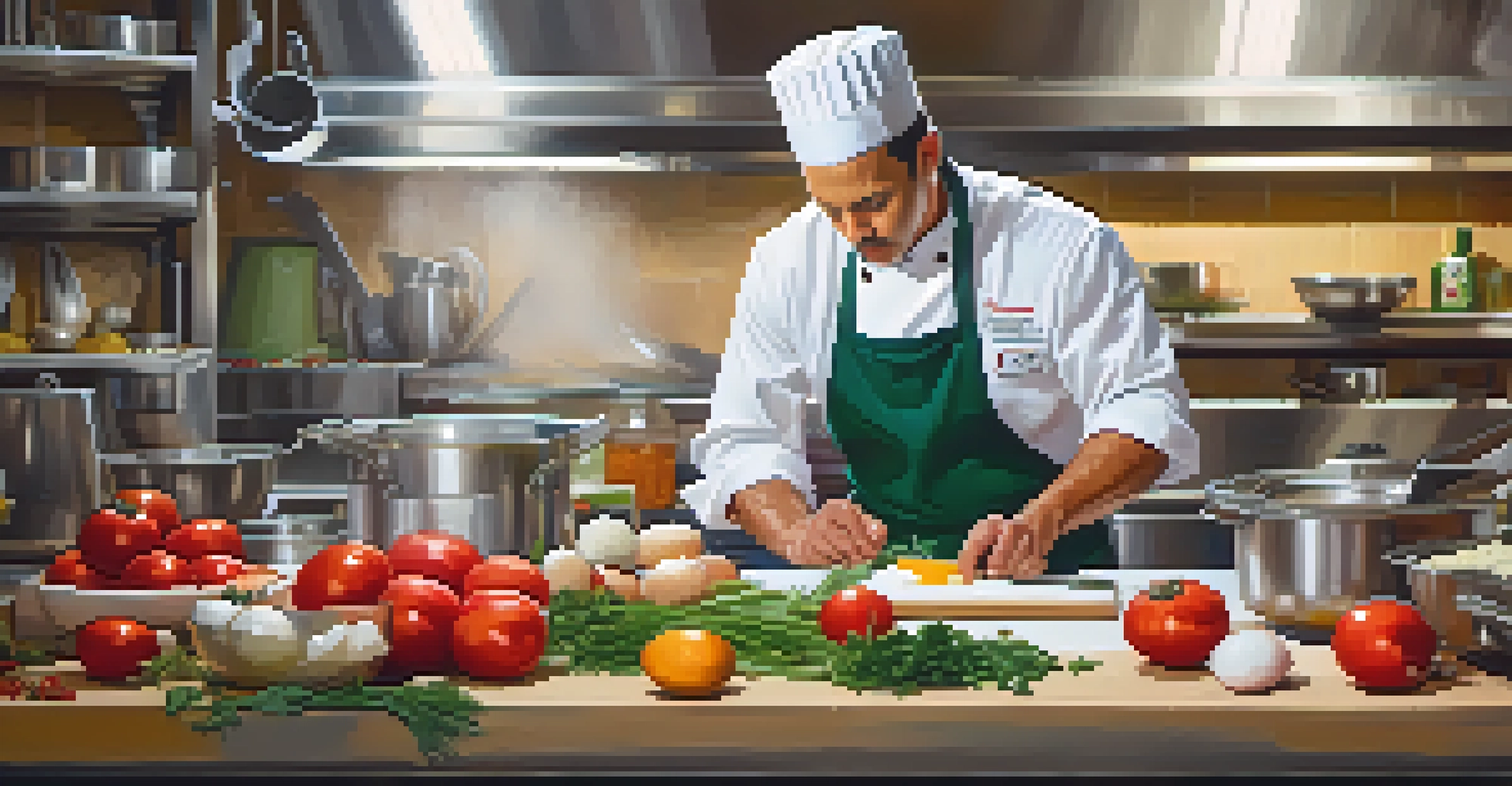 A chef preparing a seasonal dish in a kitchen, surrounded by fresh local ingredients, with vibrant colors and focused expression.