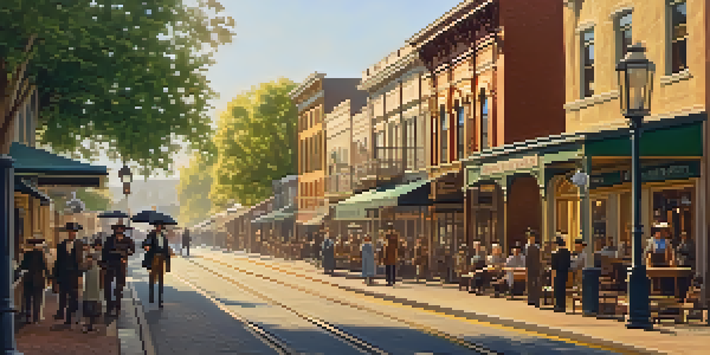 A lively historic street scene in Old Sacramento with wooden sidewalks and vintage shops, filled with people in 19th-century clothing, under warm sunlight.