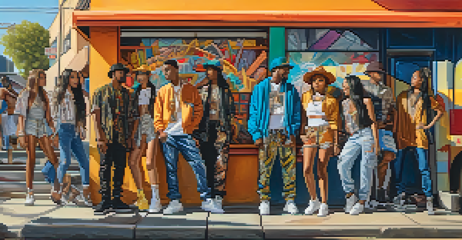 A colorful street scene in Sacramento with young adults showcasing diverse street fashion styles against a backdrop of murals.
