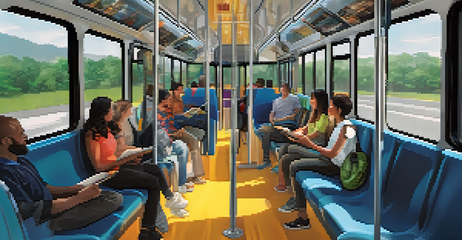 The interior of a modern BRT bus with comfortable seating and large windows. Passengers of various demographics are engaged in activities.