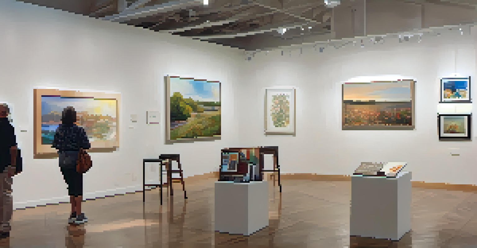 Inside an art gallery in Sacramento with white walls displaying local artworks and visitors admiring the pieces.