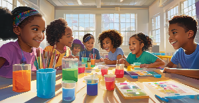 A lively community center with children participating in arts and crafts and STEM activities, illuminated by bright natural light.