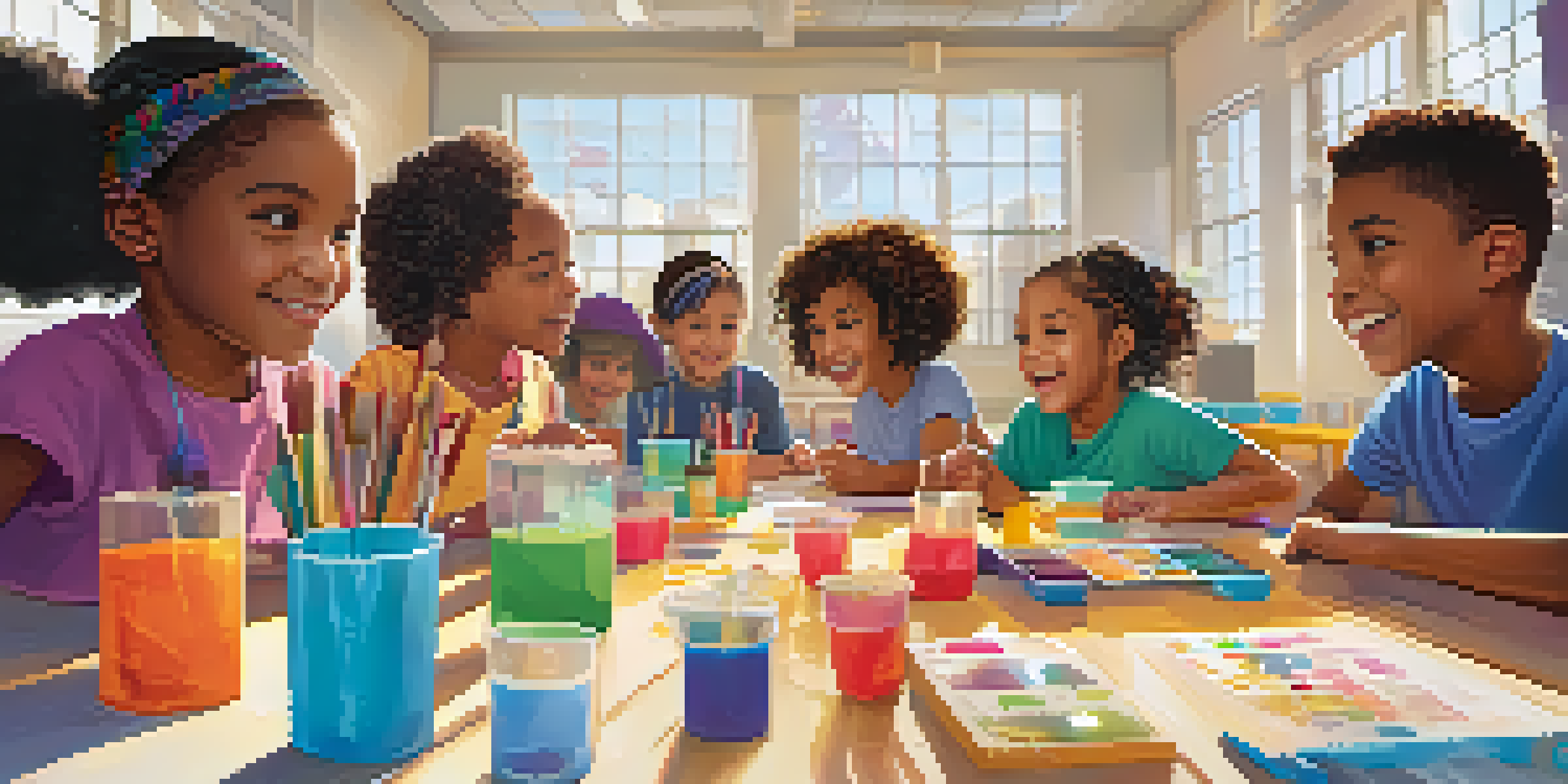 A lively community center with children participating in arts and crafts and STEM activities, illuminated by bright natural light.