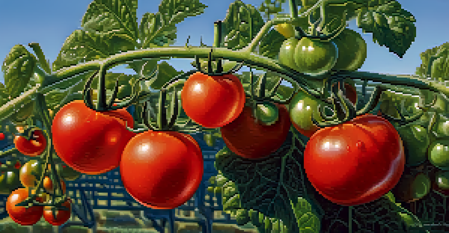 A close-up of bright red tomatoes on a vine with dew drops, set against green plants and a blue sky.