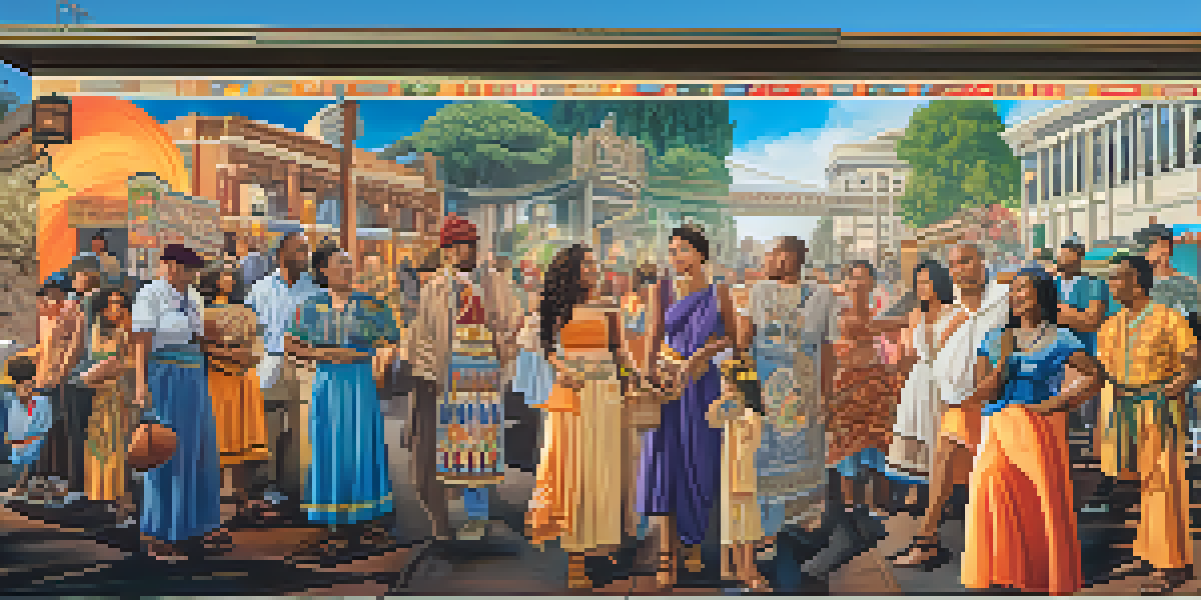 A colorful urban mural showcasing Sacramento's cultural diversity, featuring historical figures and festival representations in a sunny city setting.