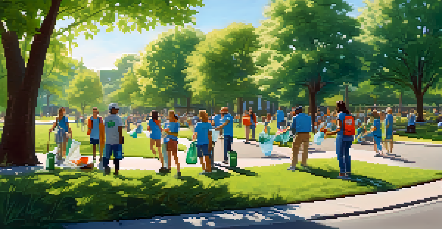 Volunteers participating in a community clean-up event in a green park, picking up litter and smiling together under a clear blue sky.