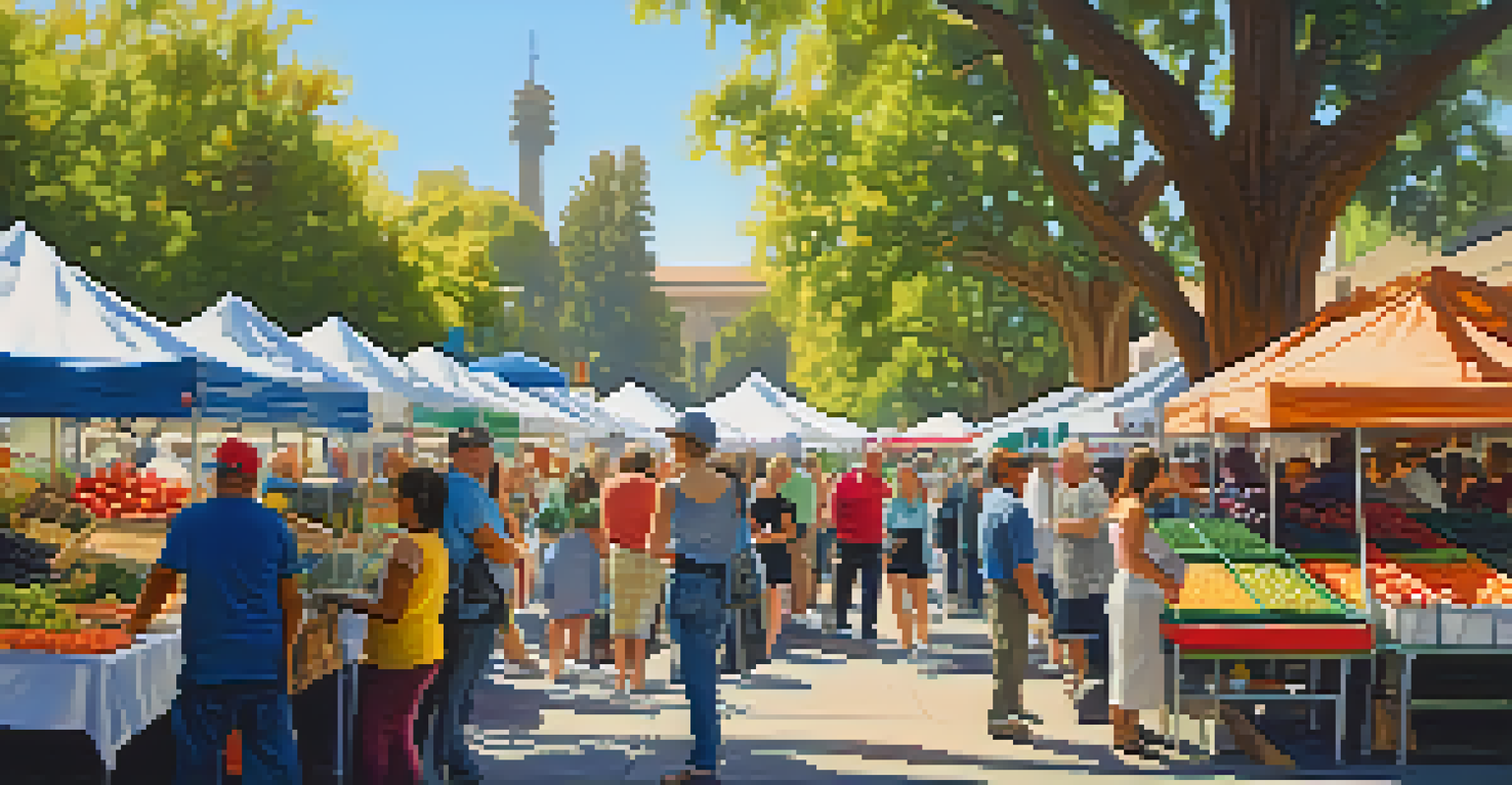 A bustling farmers' market in Sacramento with colorful stalls and diverse shoppers.