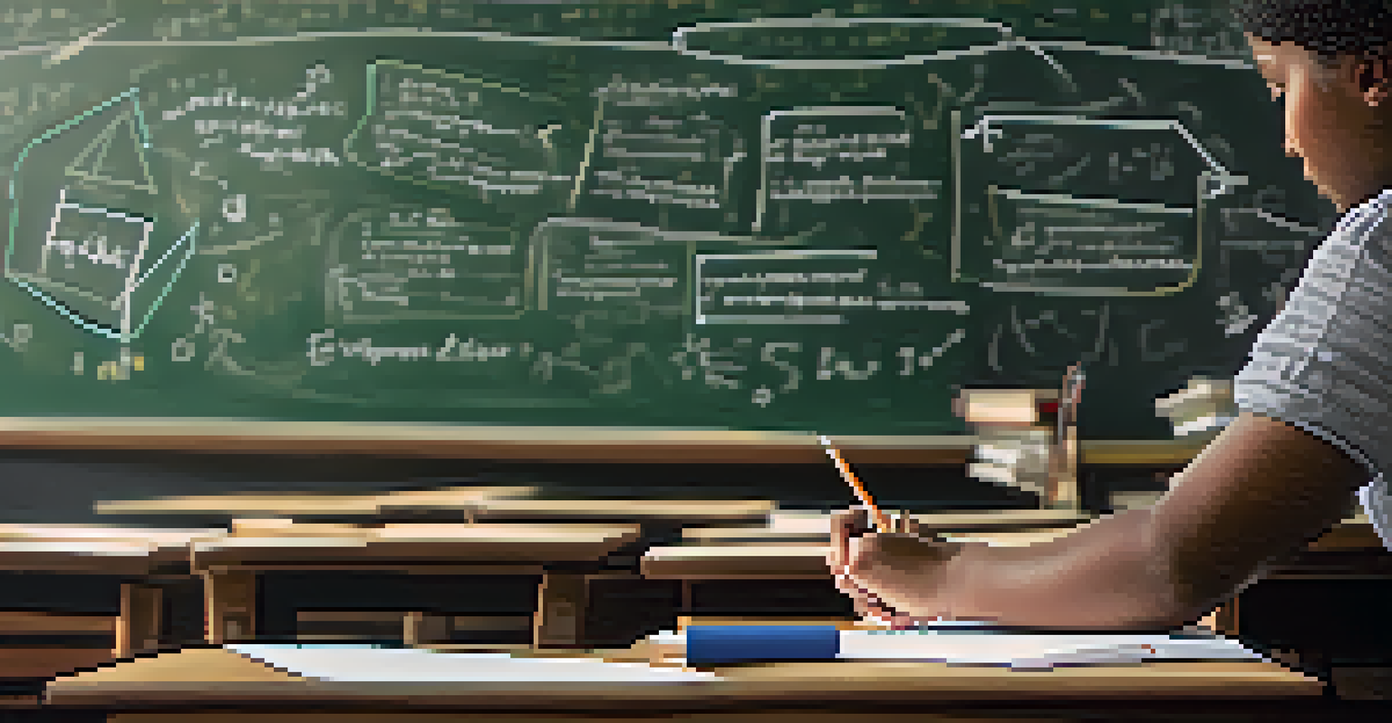A teacher writing on a chalkboard filled with educational ideas in a lively classroom, with engaged students in the background.