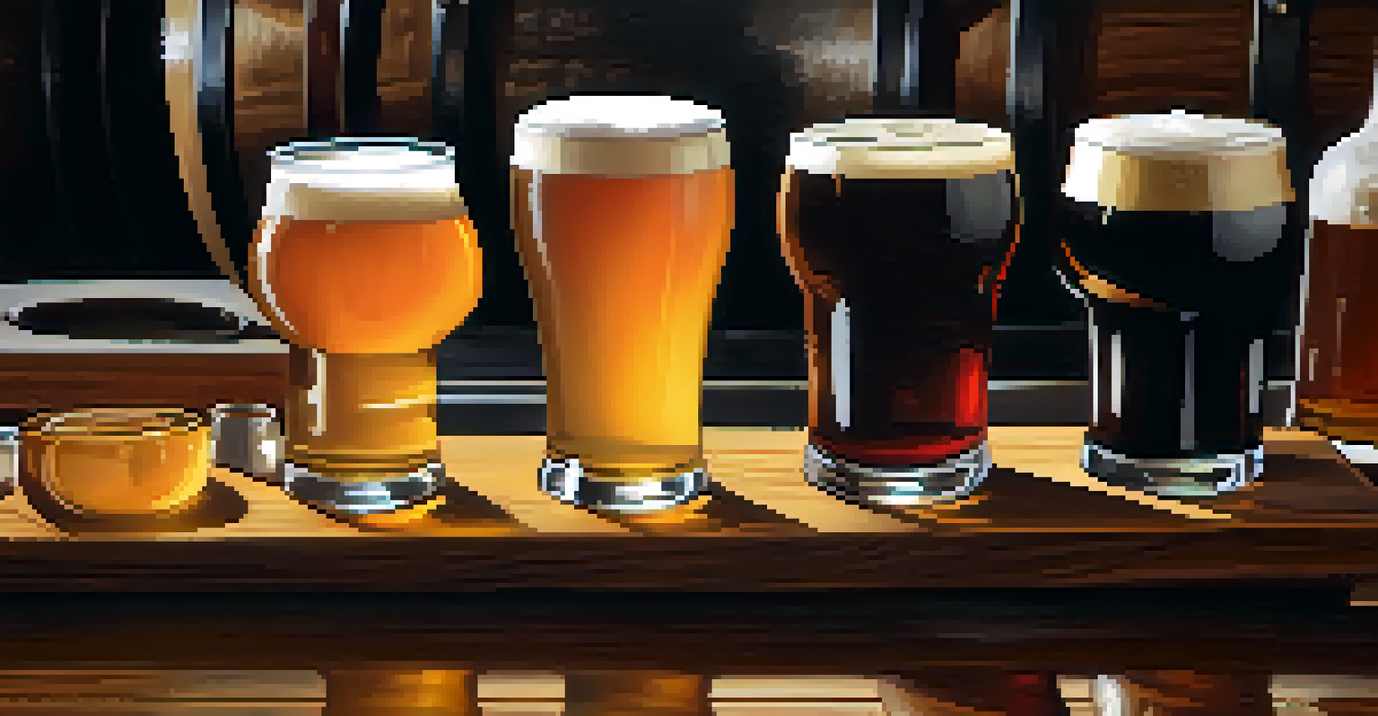 A close-up of a flight of craft beers on a wooden paddle, displaying different styles and colors in a brewery setting.