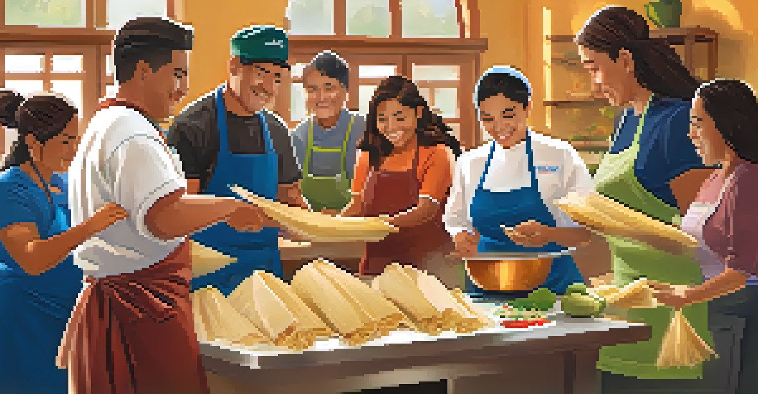 A chef from Guadalajara guiding Sacramento residents in a cooking class on how to make tamales in a bright kitchen.