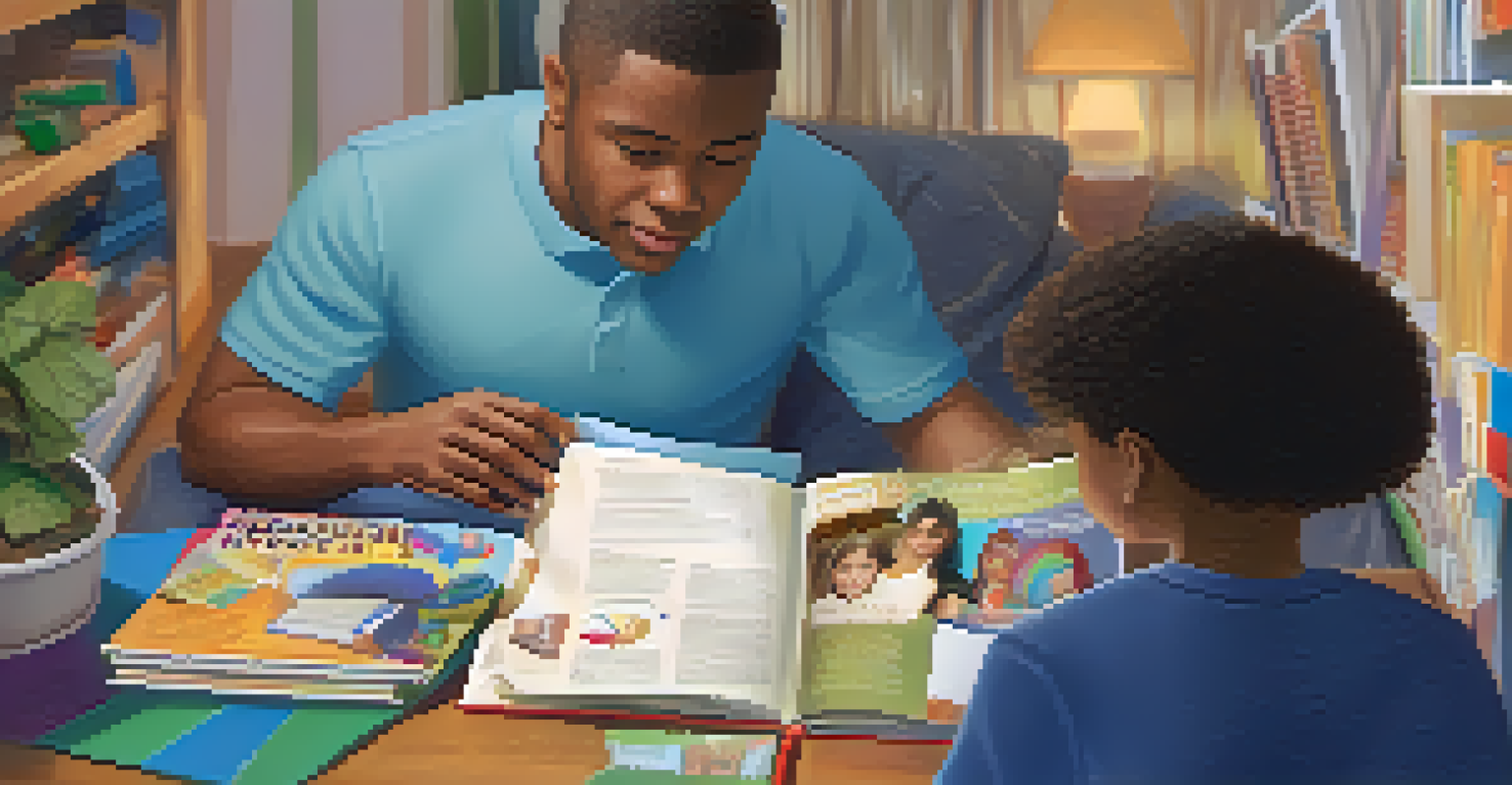 A parent reading educational materials about special education at home, surrounded by supportive resources.