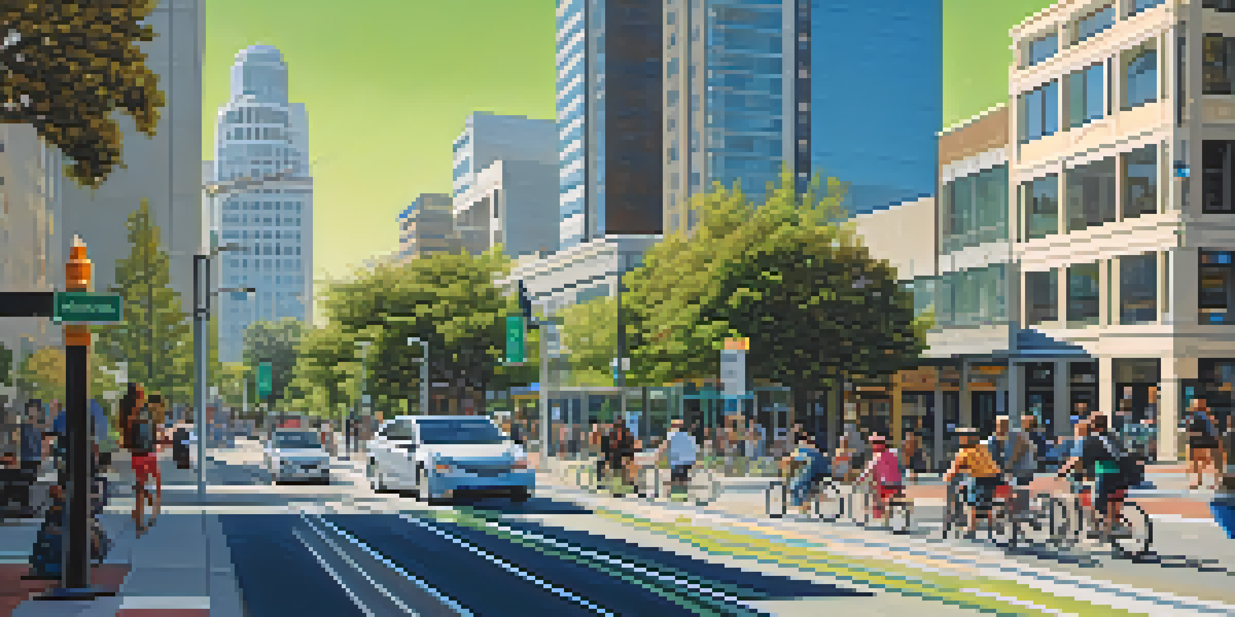 A diverse group of commuters in Sacramento using bikes, light rail, and rideshare services, set against a modern urban backdrop.