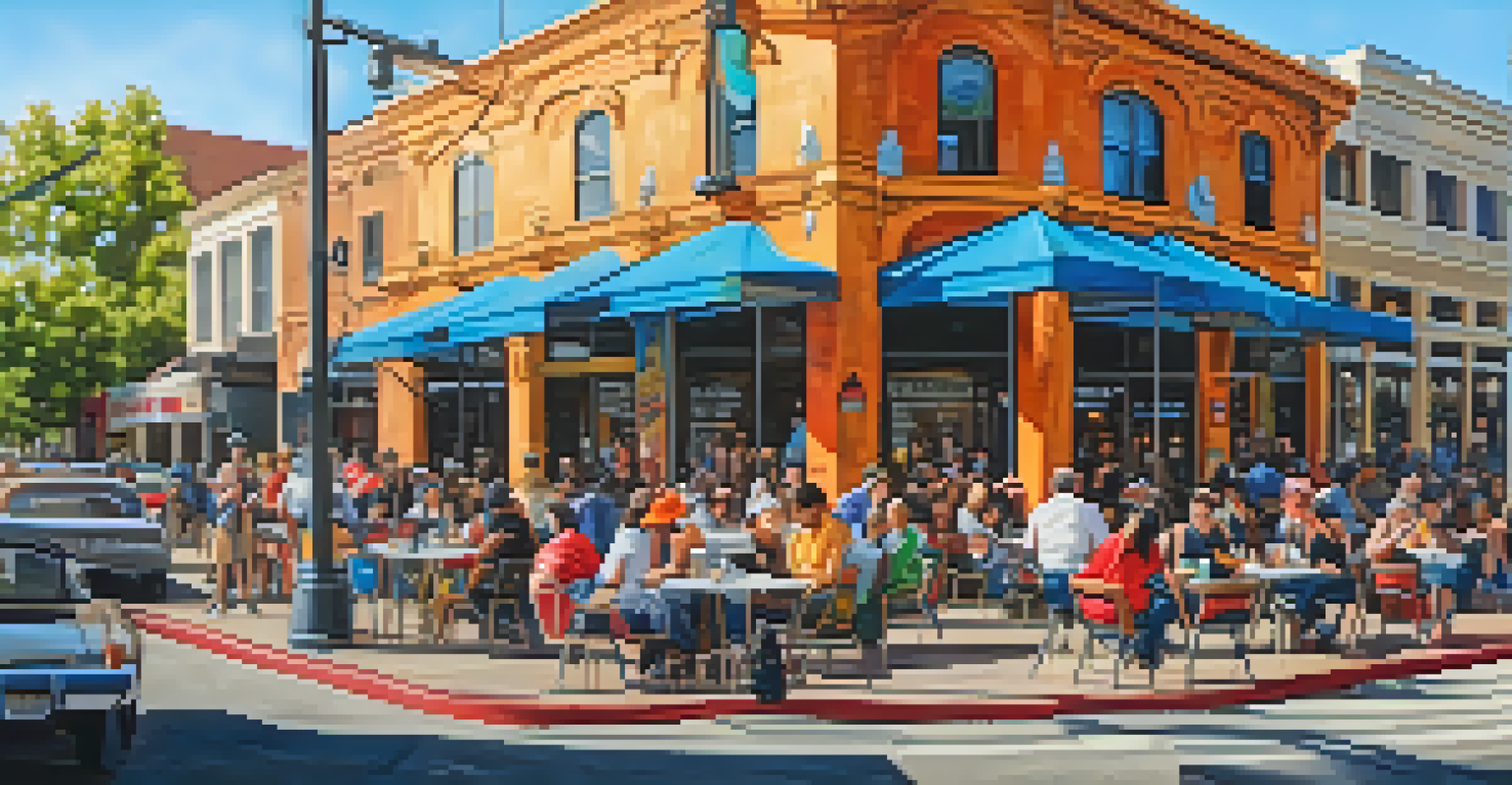 A colorful mural in Midtown Sacramento with people enjoying cafes and art galleries.