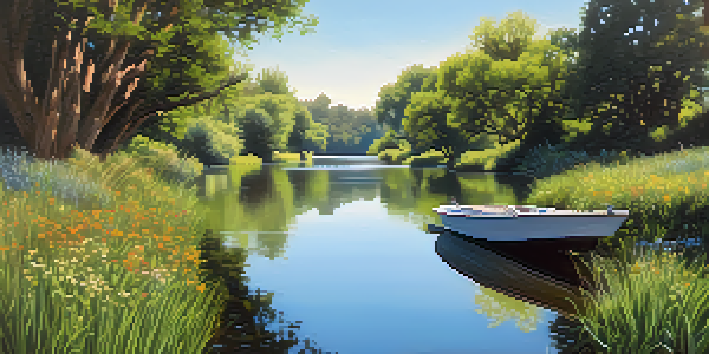 A peaceful landscape of Sacramento's historic canals with greenery and a small boat on the water.
