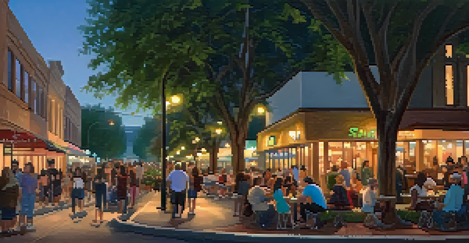 A peaceful evening in a car-free plaza in Sacramento, with people enjoying the area under soft lighting and greenery.