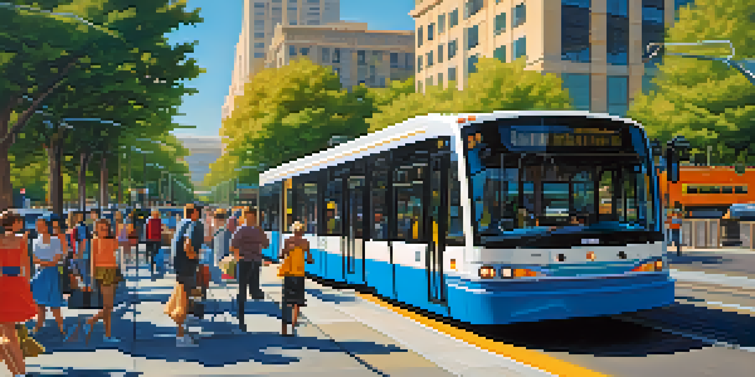 A busy Sacramento street with a modern BRT bus and diverse commuters. Bright city buildings and trees are visible in the background under a clear blue sky.