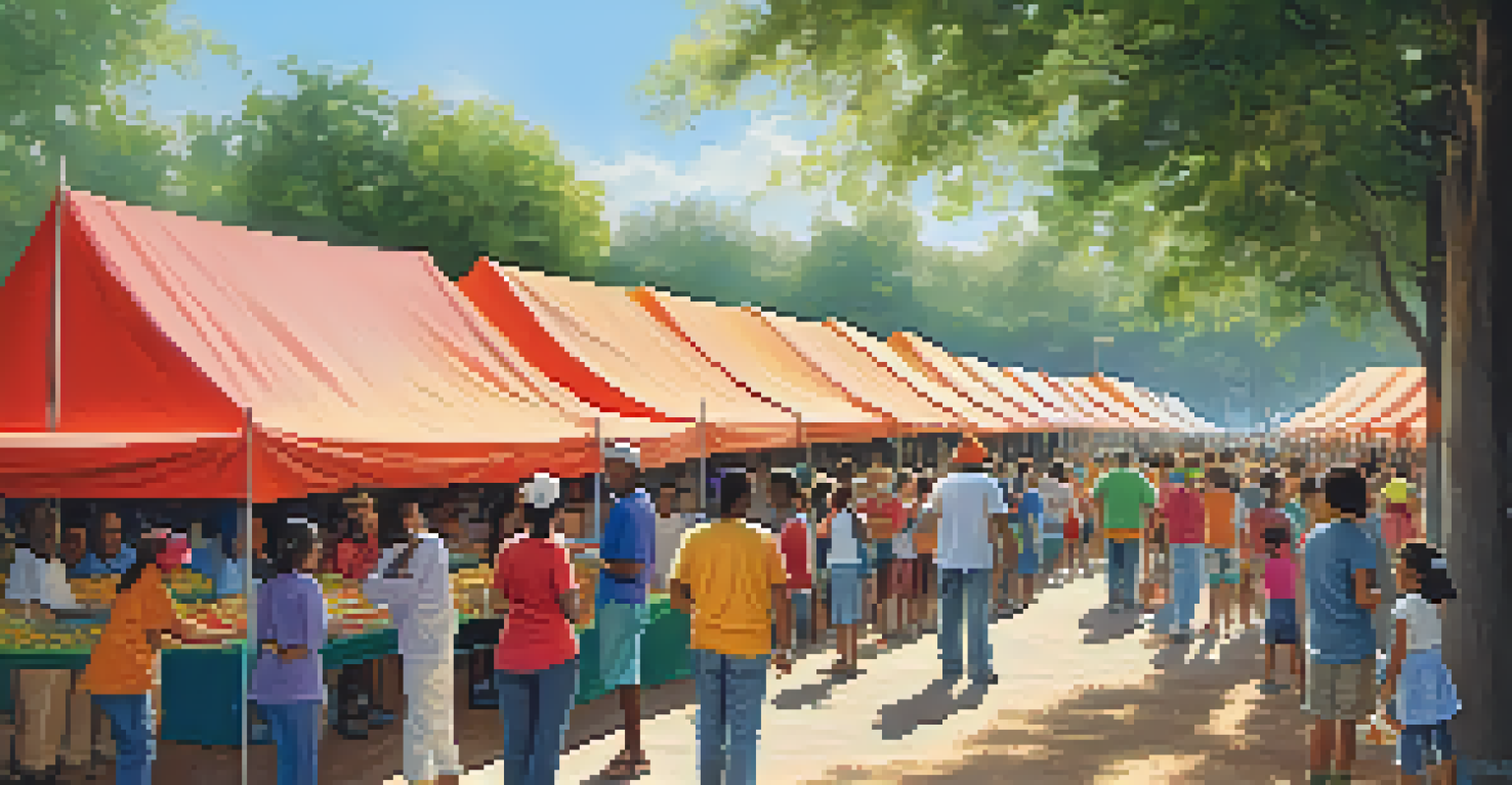 Families receiving food at an outdoor distribution event, with volunteers smiling under colorful tents, surrounded by greenery and a sense of community.