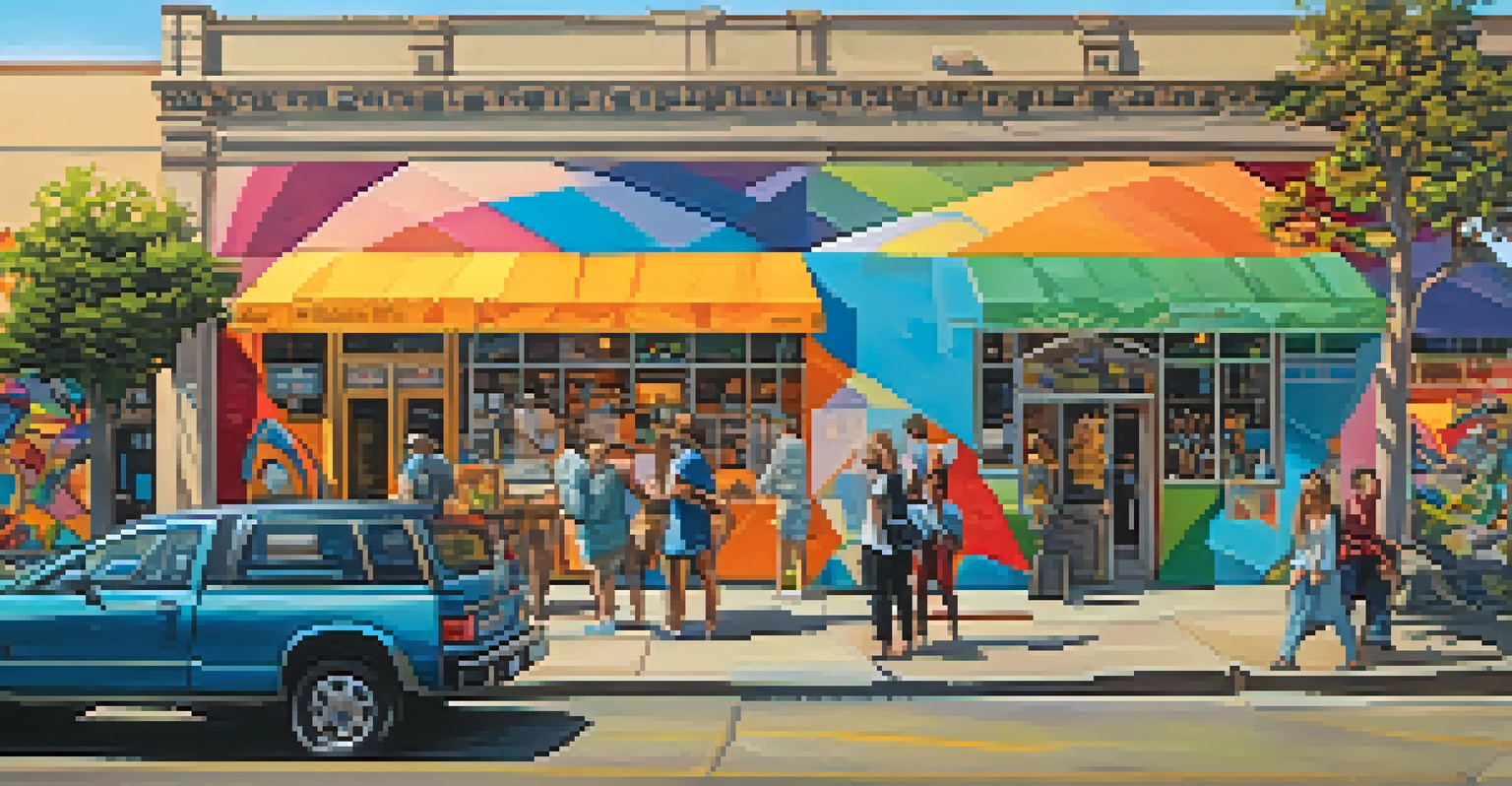 A colorful mural in Midtown Sacramento, with people admiring the artwork and unique shops nearby, bathed in soft sunlight.