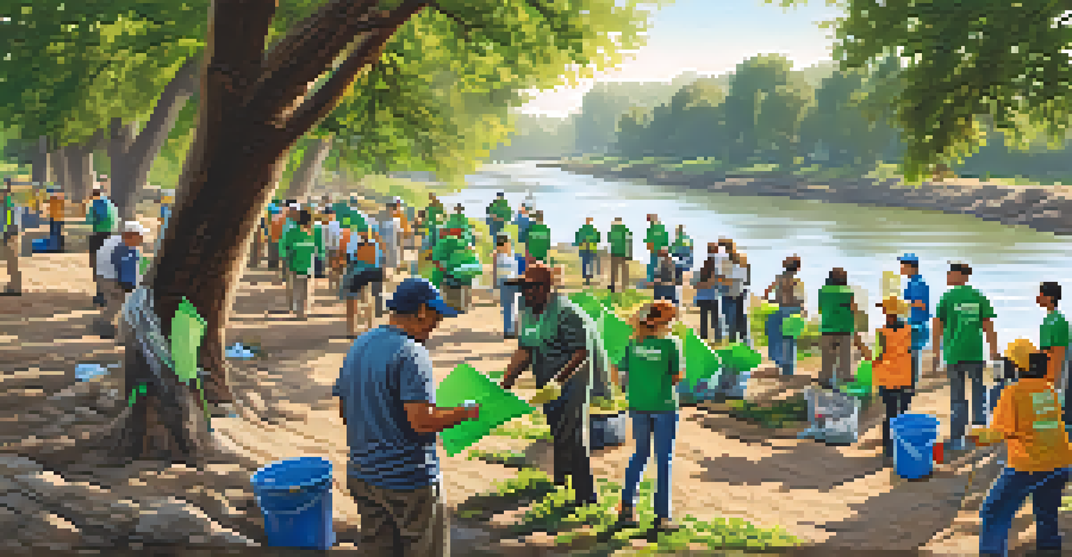 Volunteers participating in a community clean-up along the Sacramento River, with trees and banners in the background.