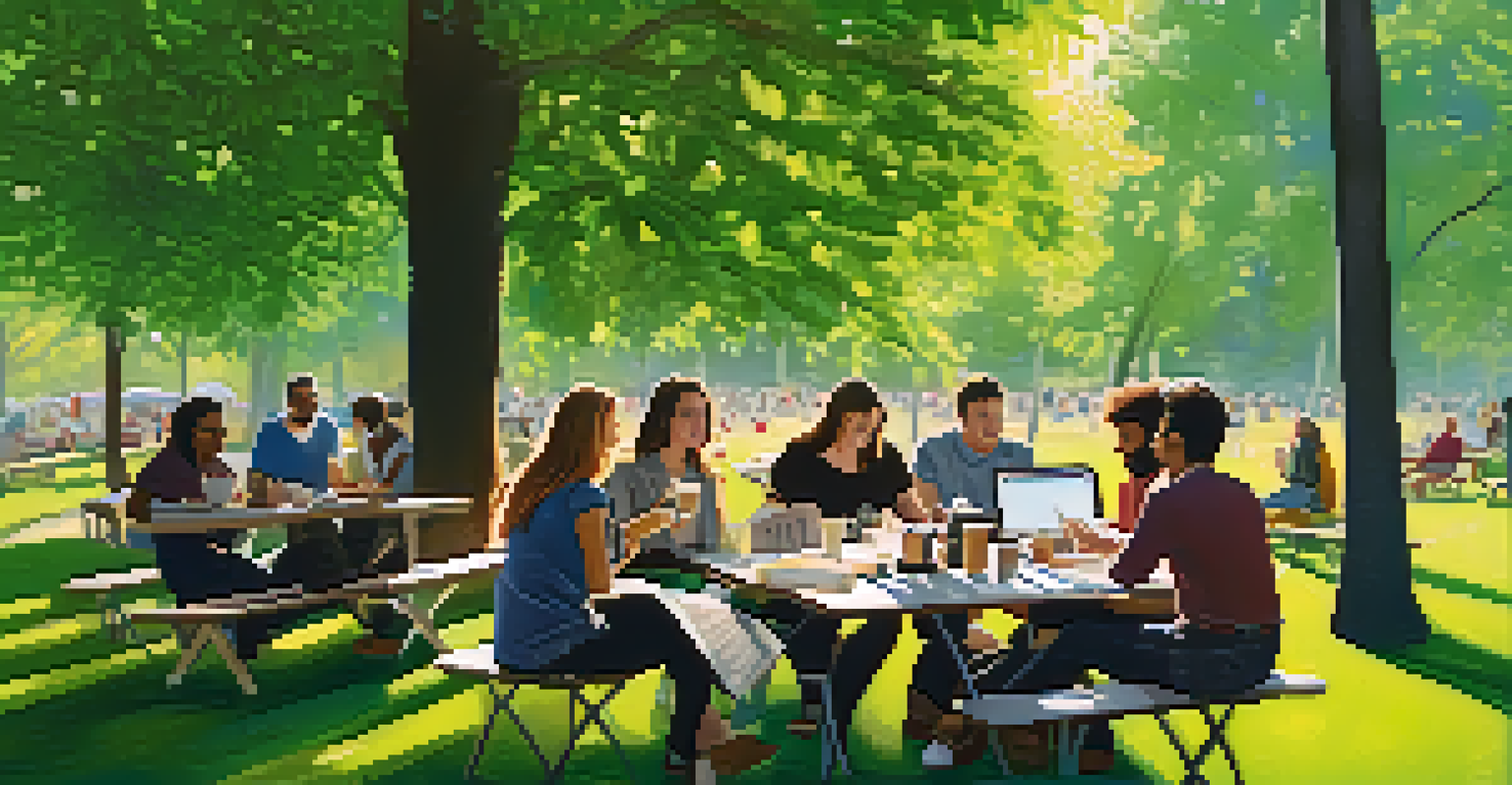 An outdoor networking meetup in a park with entrepreneurs gathered around picnic tables, sharing ideas in a sunny and casual setting.